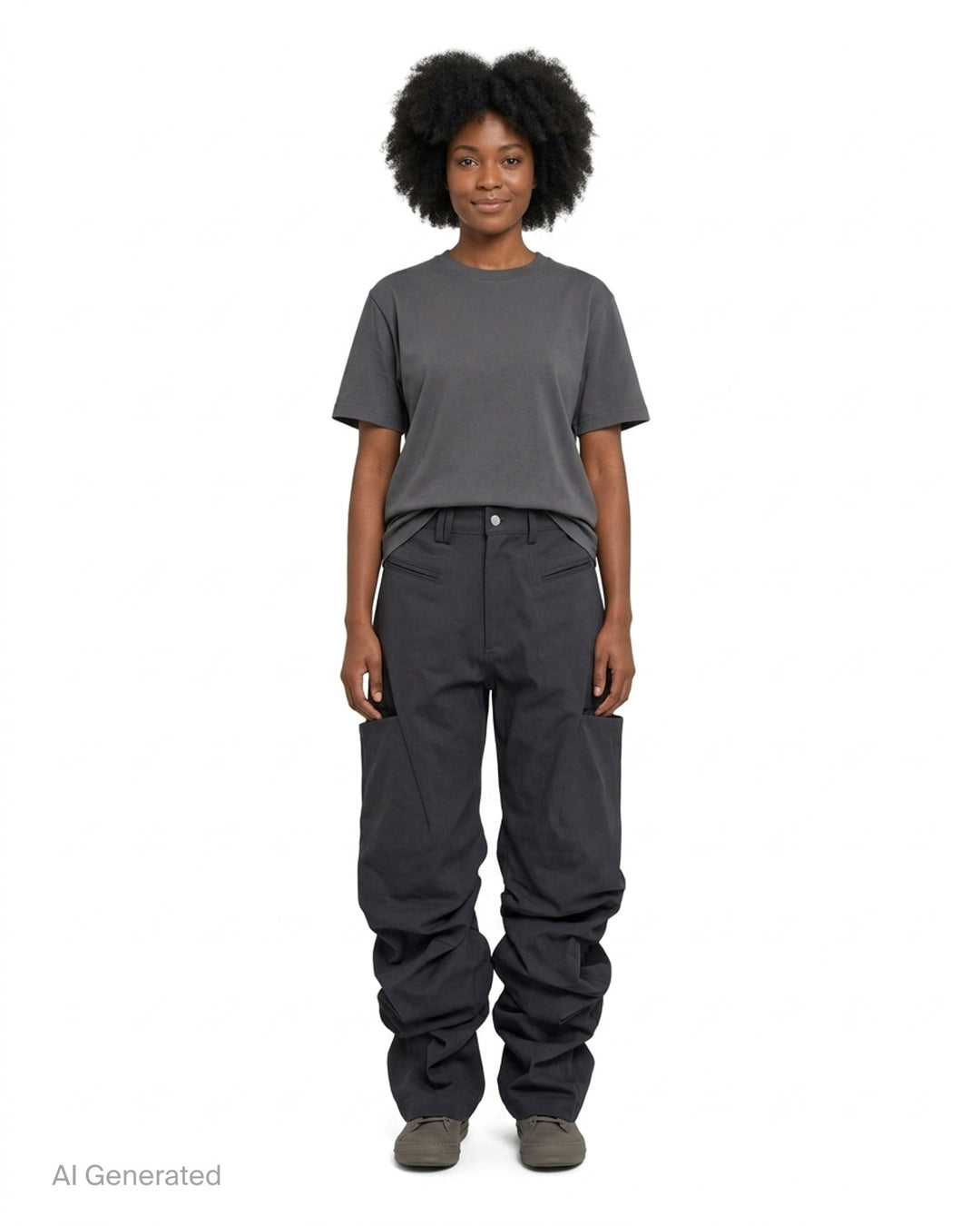 Nache Pintuck Wide Pants in charcoal grey twill with oversized hip pockets and a gathered, draped wide leg, front view - front