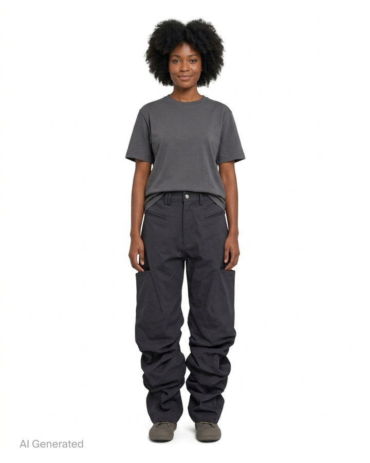 Nache Pintuck Wide Pants in charcoal grey twill with oversized hip pockets and a gathered, draped wide leg, front view - front