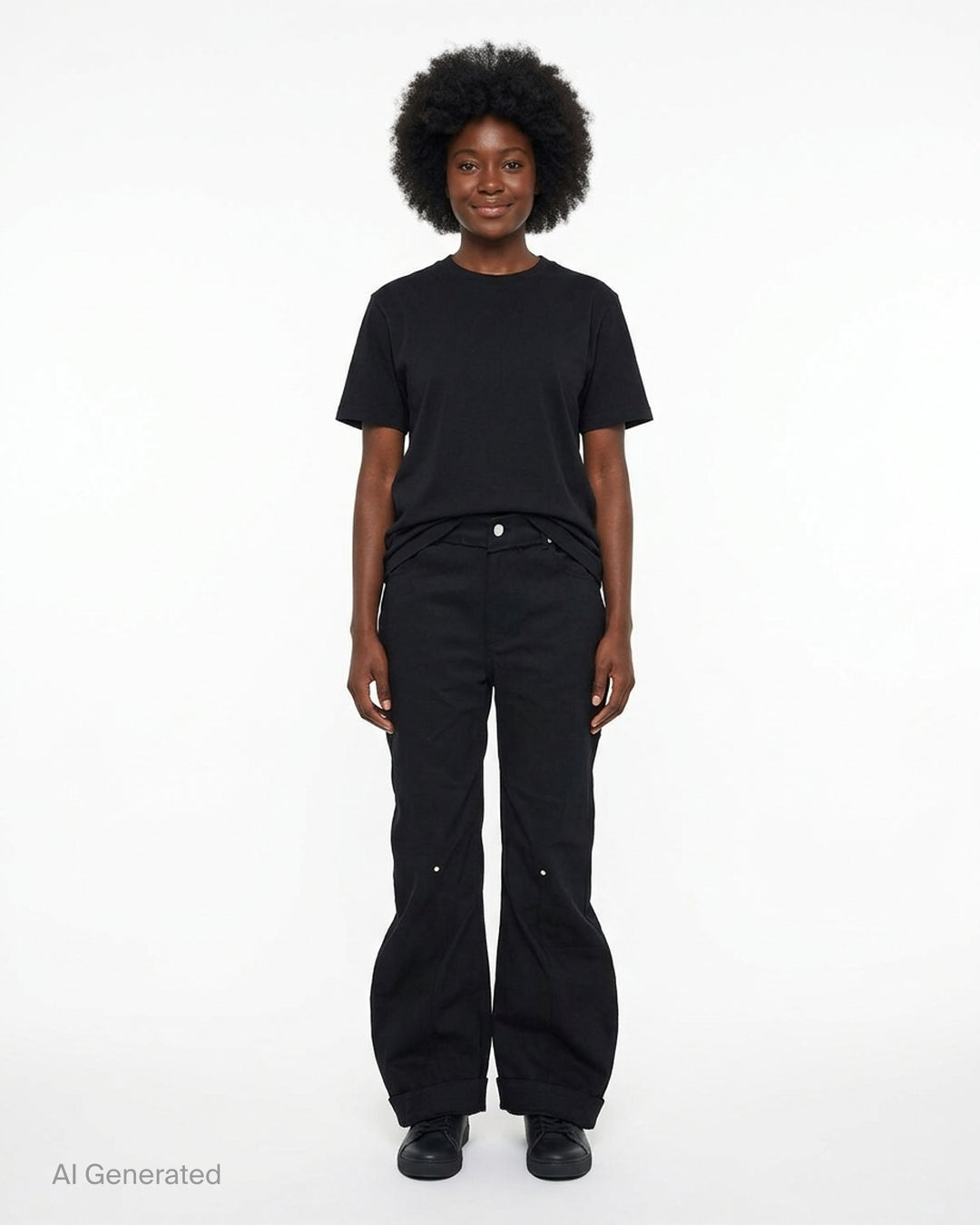 Nache Rawcut Curved Pants in black, featuring a sculpted bowed leg, raw-cut waistband, metal button closure and rivet details, shown from the front - front