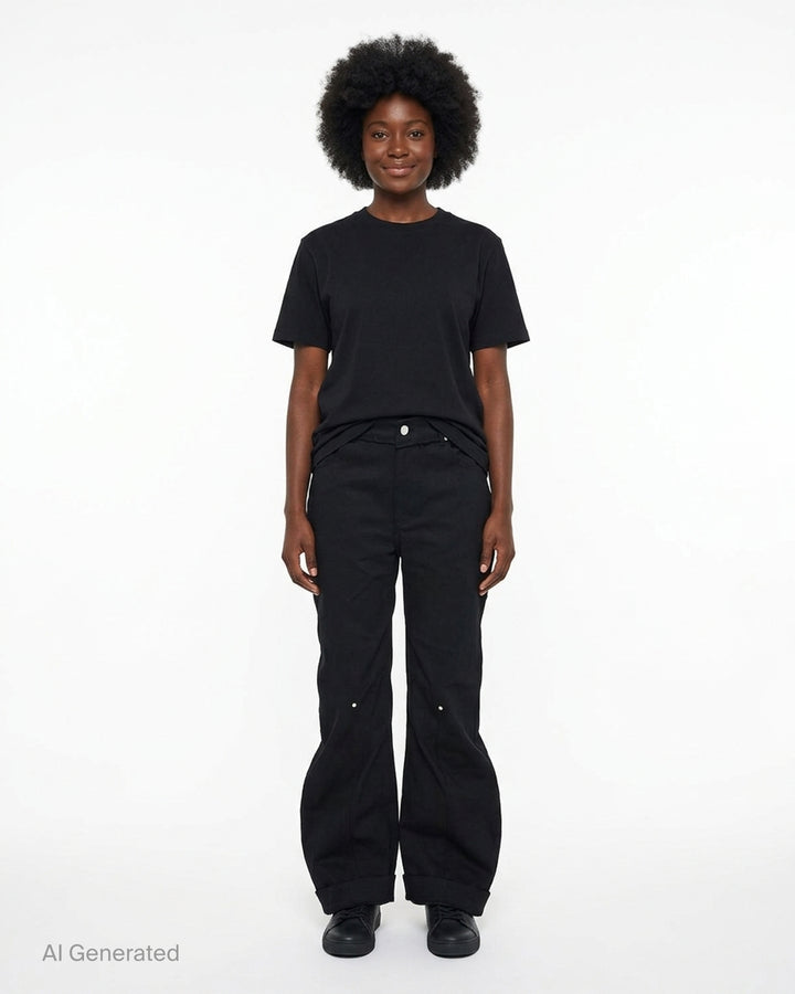Nache Rawcut Curved Pants in black, featuring a sculpted bowed leg, raw-cut waistband, metal button closure and rivet details, shown from the front - front