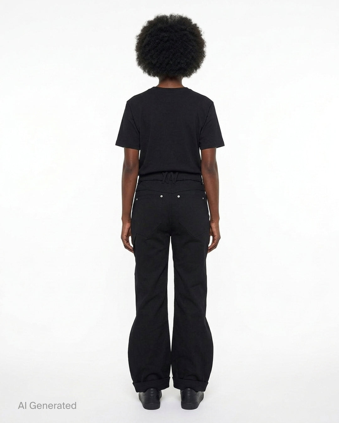 Nache Rawcut Curved Pants in black, featuring a sculpted bowed leg, raw-cut waistband, metal button closure and rivet details, shown from the front - back