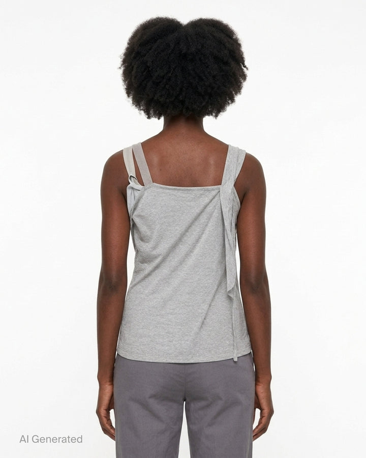 Nache Rawcut Halter Sleeveless Top in heather grey jersey with draped taupe ribbon layers and raw-edge detailing at the neckline - back
