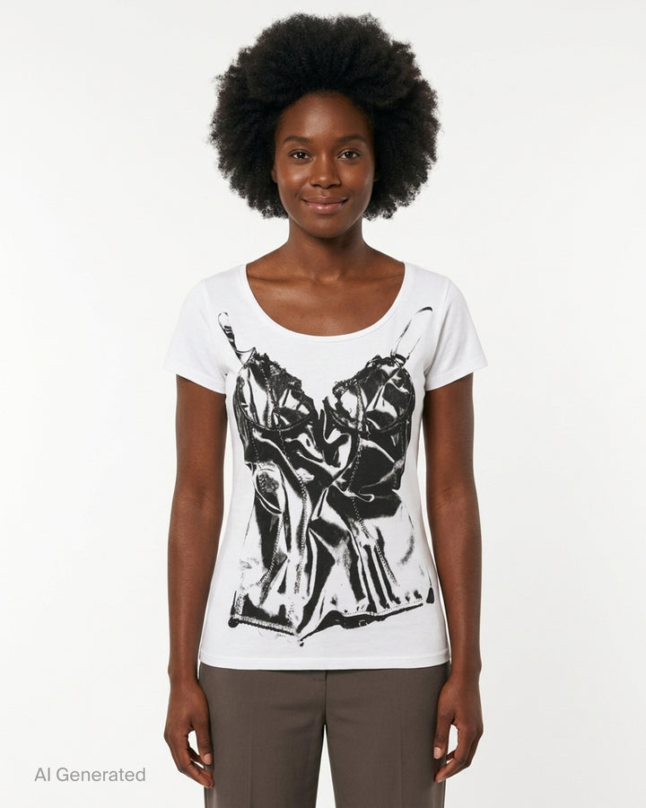 White scoop-neck short-sleeve t-shirt with a black x-ray-style lingerie slip print on the front and a Nache label at the neck - front
