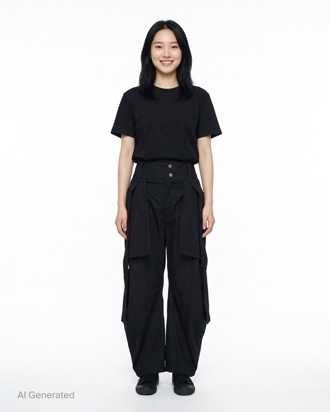 Nache Tied Shirt Pants in black, shown from the front with high waist, double snap closure and draped sleeve ties at the hips - front