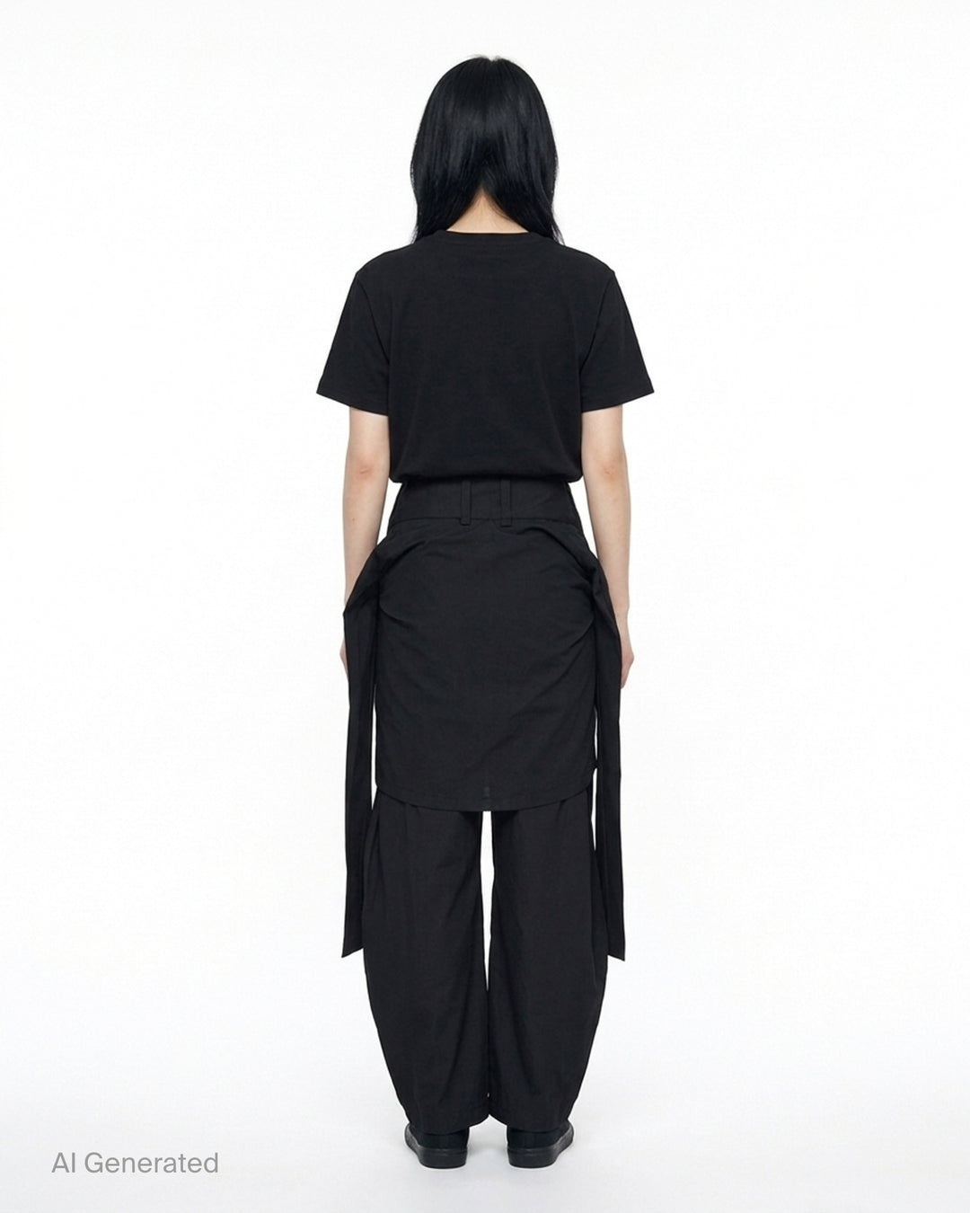 Nache Tied Shirt Pants in black, shown from the front with high waist, double snap closure and draped sleeve ties at the hips - back