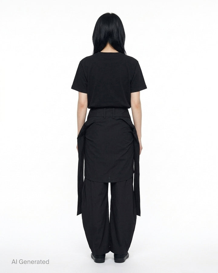 Nache Tied Shirt Pants in black, shown from the front with high waist, double snap closure and draped sleeve ties at the hips - back