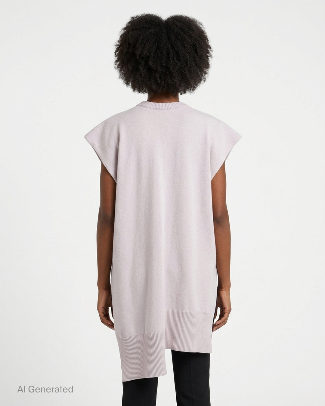 Blush pink cashmere sleeveless scarf top by Niccolò Pasqualetti with cap shoulders, ribbed crew neck and an asymmetric draped hem - back