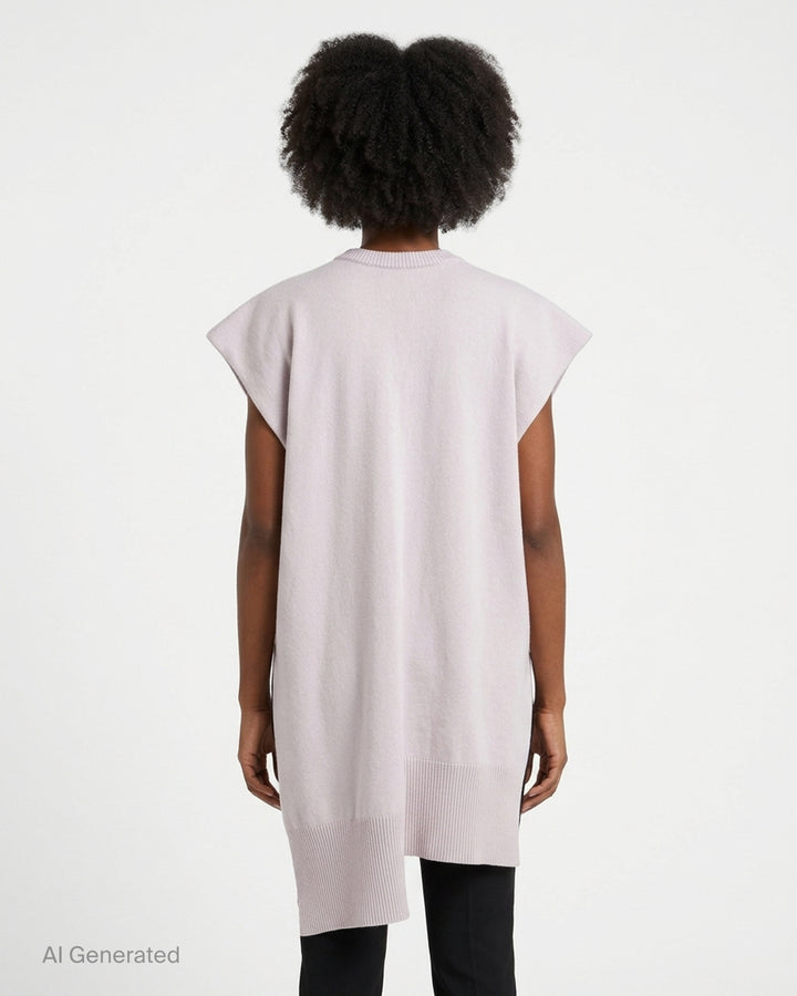 Blush pink cashmere sleeveless scarf top by Niccolò Pasqualetti with cap shoulders, ribbed crew neck and an asymmetric draped hem - back