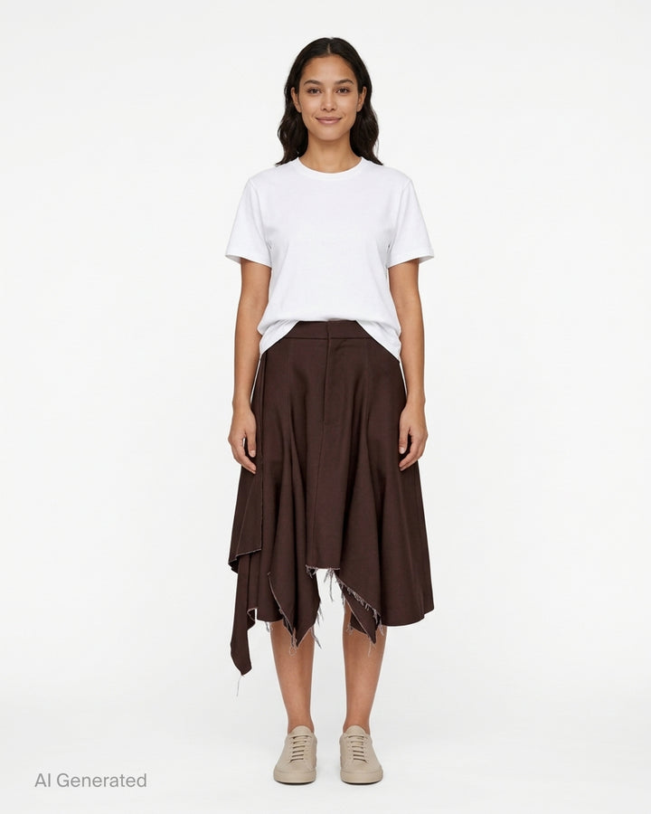 Niccolò Pasqualetti Nave wool skort in chocolate brown with asymmetric handkerchief hem and raw frayed edges - front