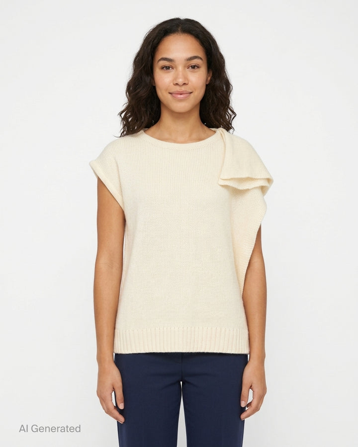 Grey kid mohair sleeveless knit vest with a draped shoulder detail and ribbed hem by Niccolò Pasqualetti - front