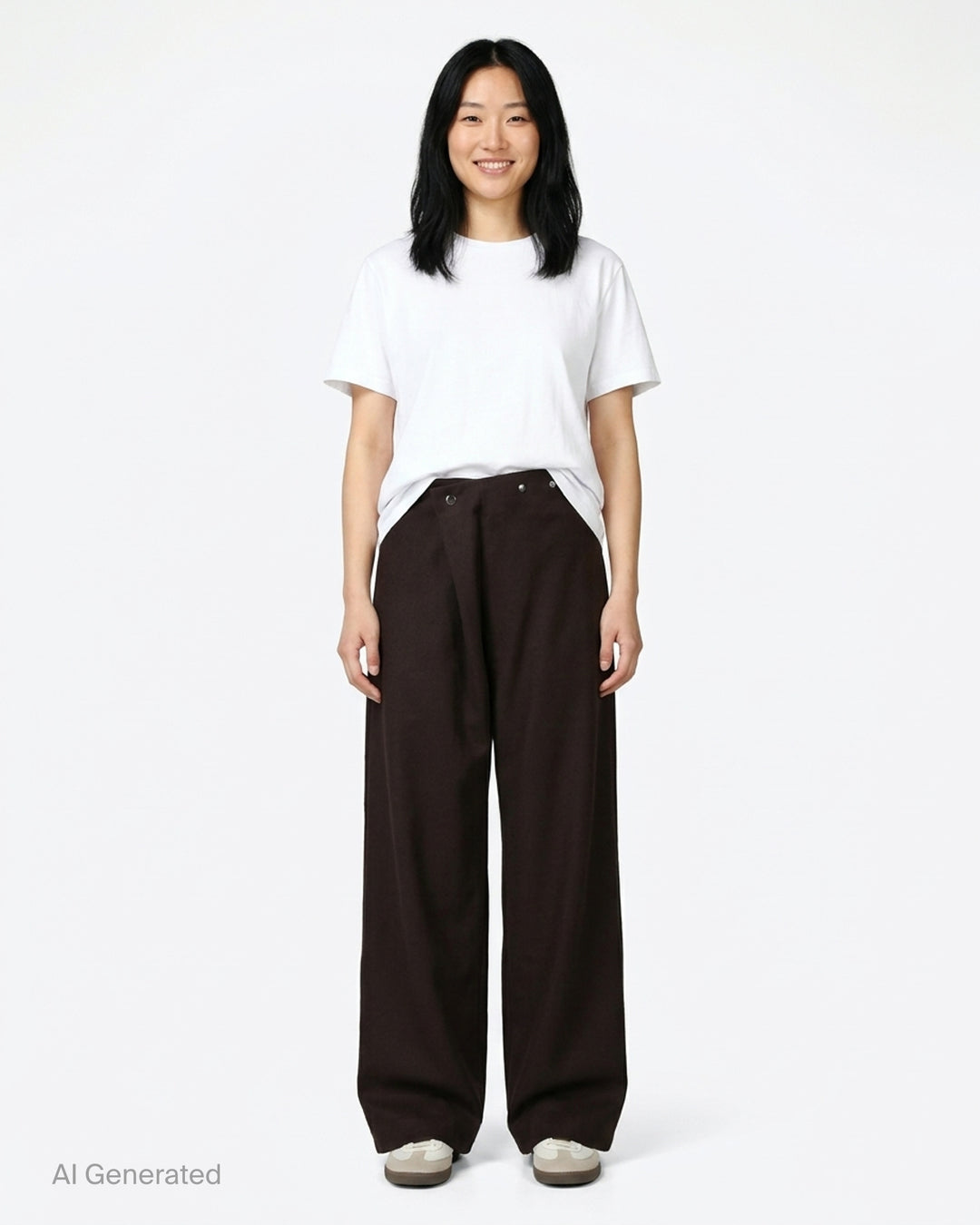 Dark brown wool crepe wide-leg Piega trousers by Niccolò Pasqualetti with an asymmetric folded waistband and metal snap fastenings - front