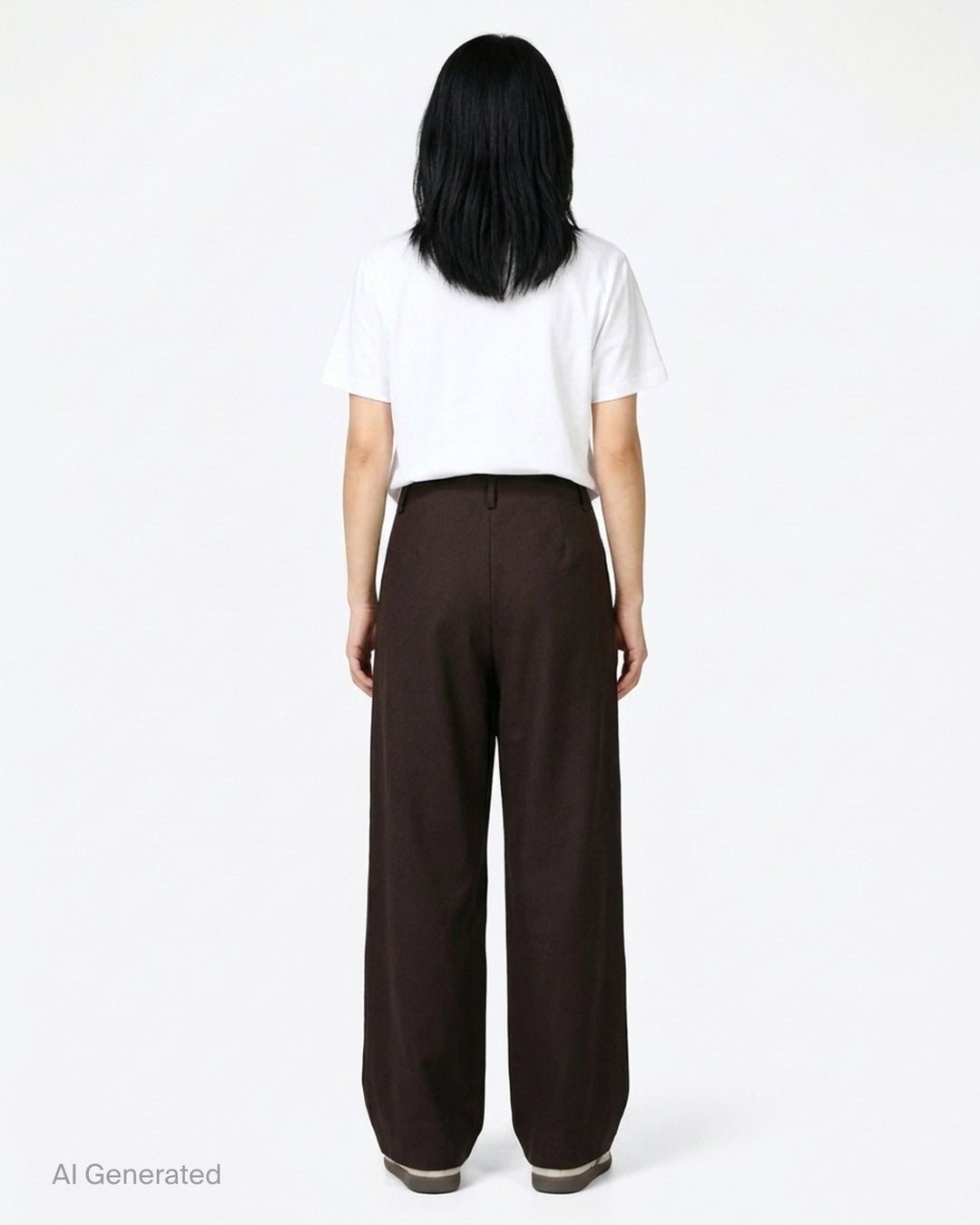 Dark brown wool crepe wide-leg Piega trousers by Niccolò Pasqualetti with an asymmetric folded waistband and metal snap fastenings - back