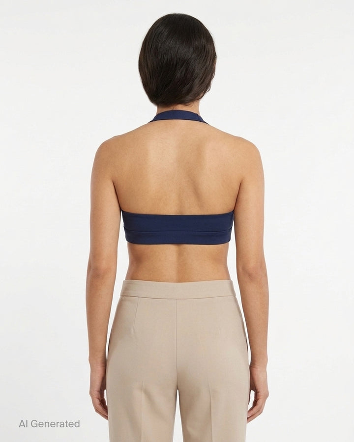 Navy halter-neck bralette from Nike X Jacquemus with a scoop front neckline and open back, shown flat against a white background - back