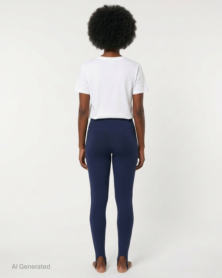 Navy high-waisted stirrup leggings from Nike x Jacquemus with a contoured waistband, shown from the front - back
