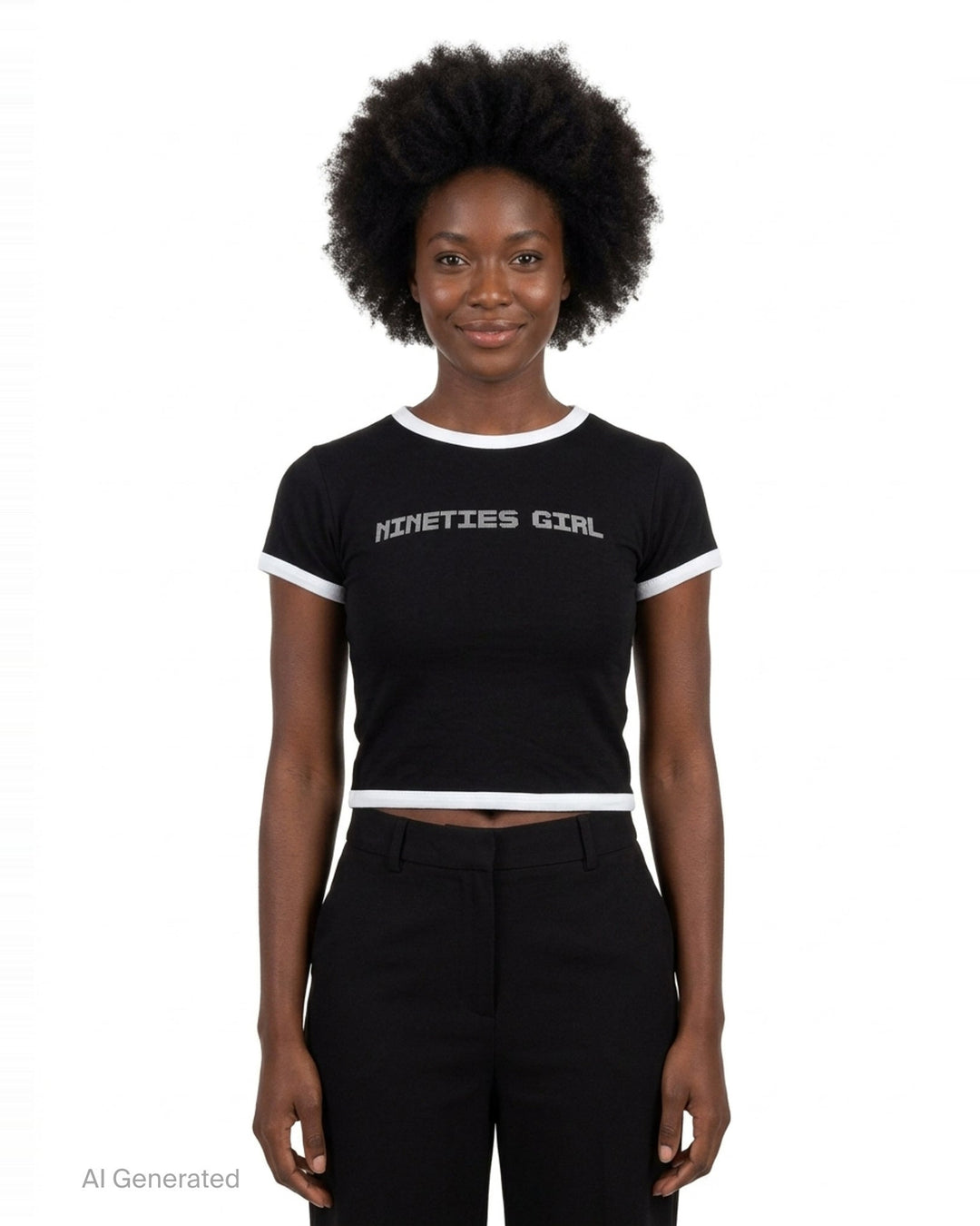 Nineties black stretch crop tee with rhinestone-studded 'Nineties Girl' lettering arched across the chest and contrast white ringer trim at the neckline, sleeves, and hem - front