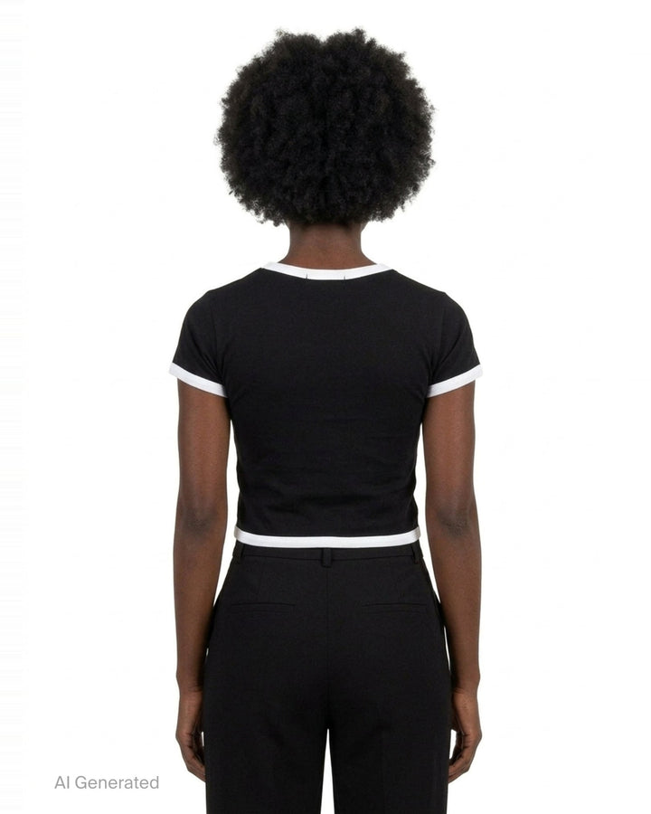 Nineties black stretch crop tee with rhinestone-studded 'Nineties Girl' lettering arched across the chest and contrast white ringer trim at the neckline, sleeves, and hem - back