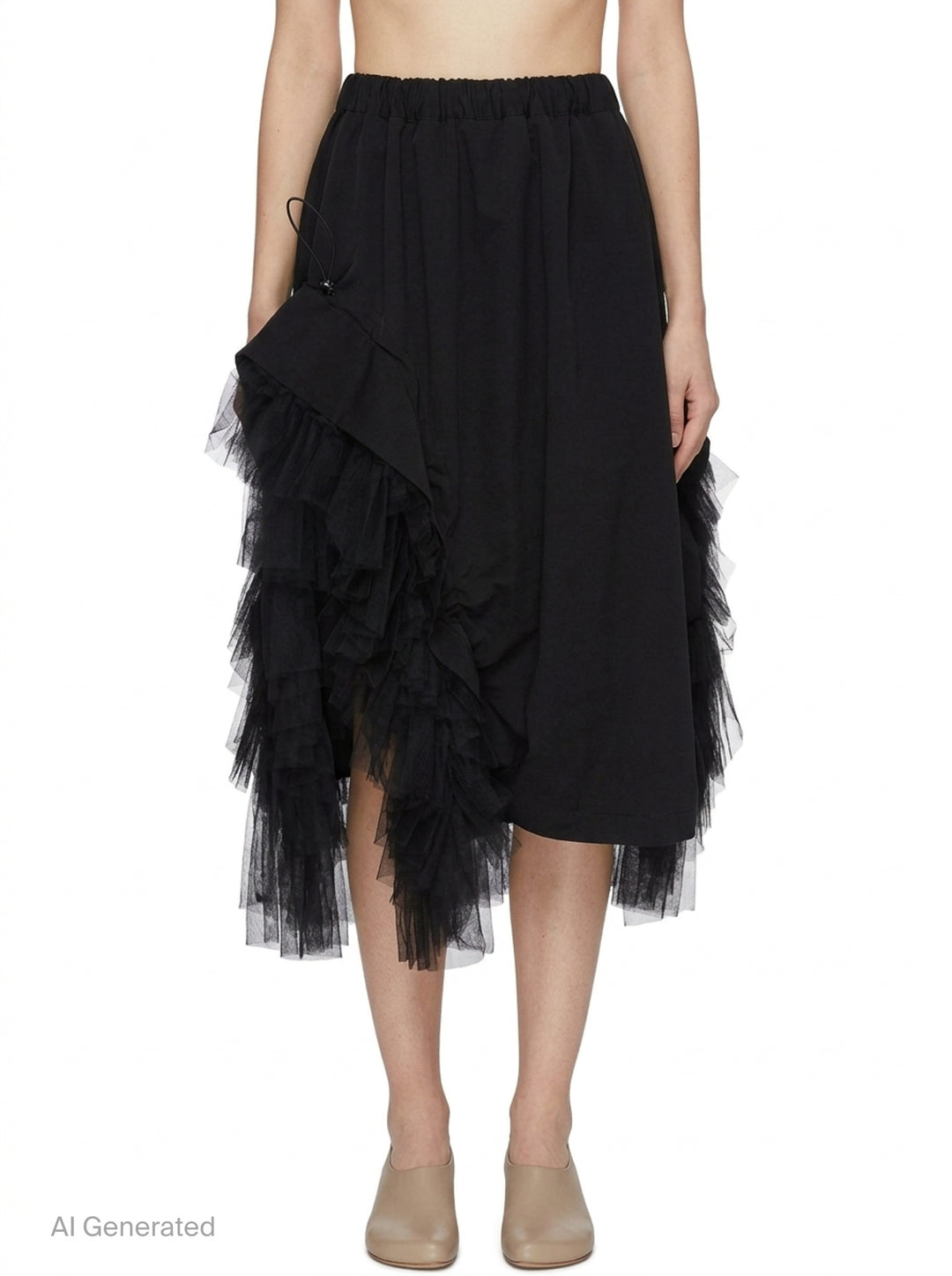 Noir Kei Ninomiya black asymmetrical midi skirt with tiered tulle ruffles and elasticated waistband, shown flat on white background - front