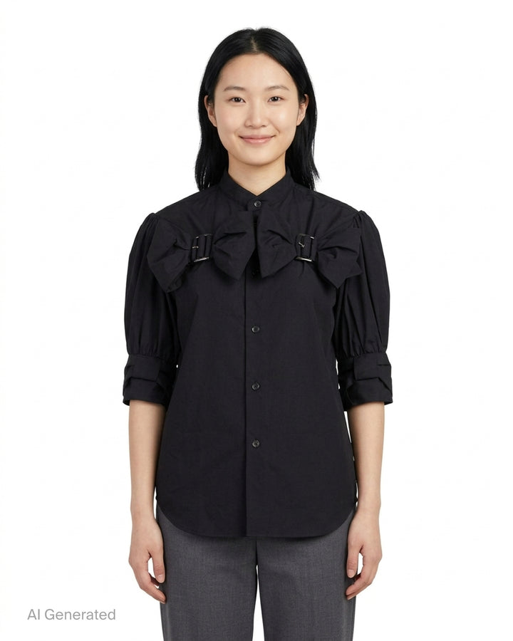 Noir Kei Ninomiya black button-up shirt with band collar, oversized bow with buckle straps across the chest and puffed elbow-length sleeves - front