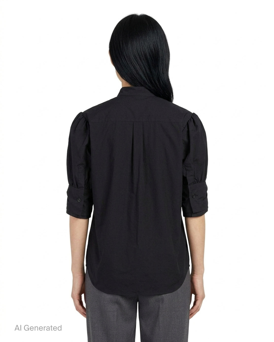 Noir Kei Ninomiya black button-up shirt with band collar, oversized bow with buckle straps across the chest and puffed elbow-length sleeves - back