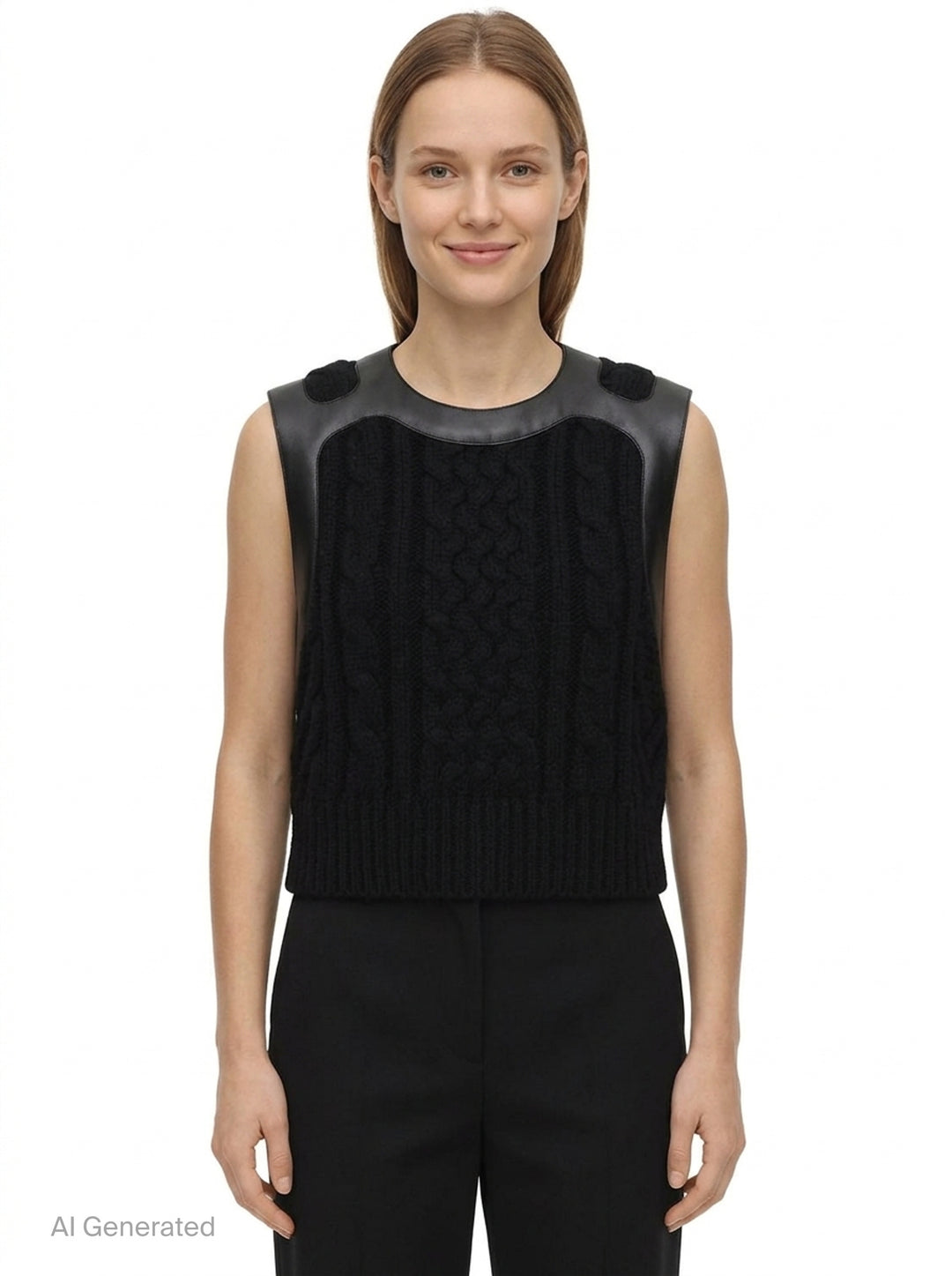 Noir Kei Ninomiya black cable-knit sleeveless vest with structured leather yoke, cutout detailing, and silver press-stud fastening at the rear neckline - front