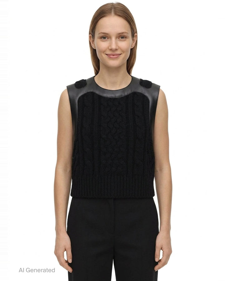 Noir Kei Ninomiya black cable-knit sleeveless vest with structured leather yoke, cutout detailing, and silver press-stud fastening at the rear neckline - front