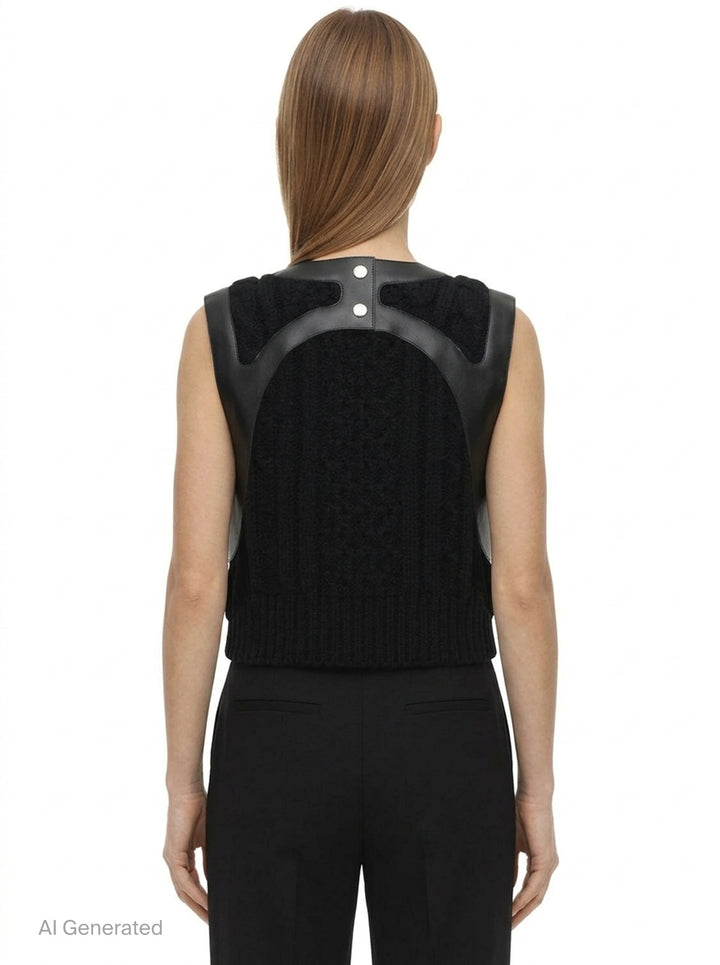 Noir Kei Ninomiya black cable-knit sleeveless vest with structured leather yoke, cutout detailing, and silver press-stud fastening at the rear neckline - back
