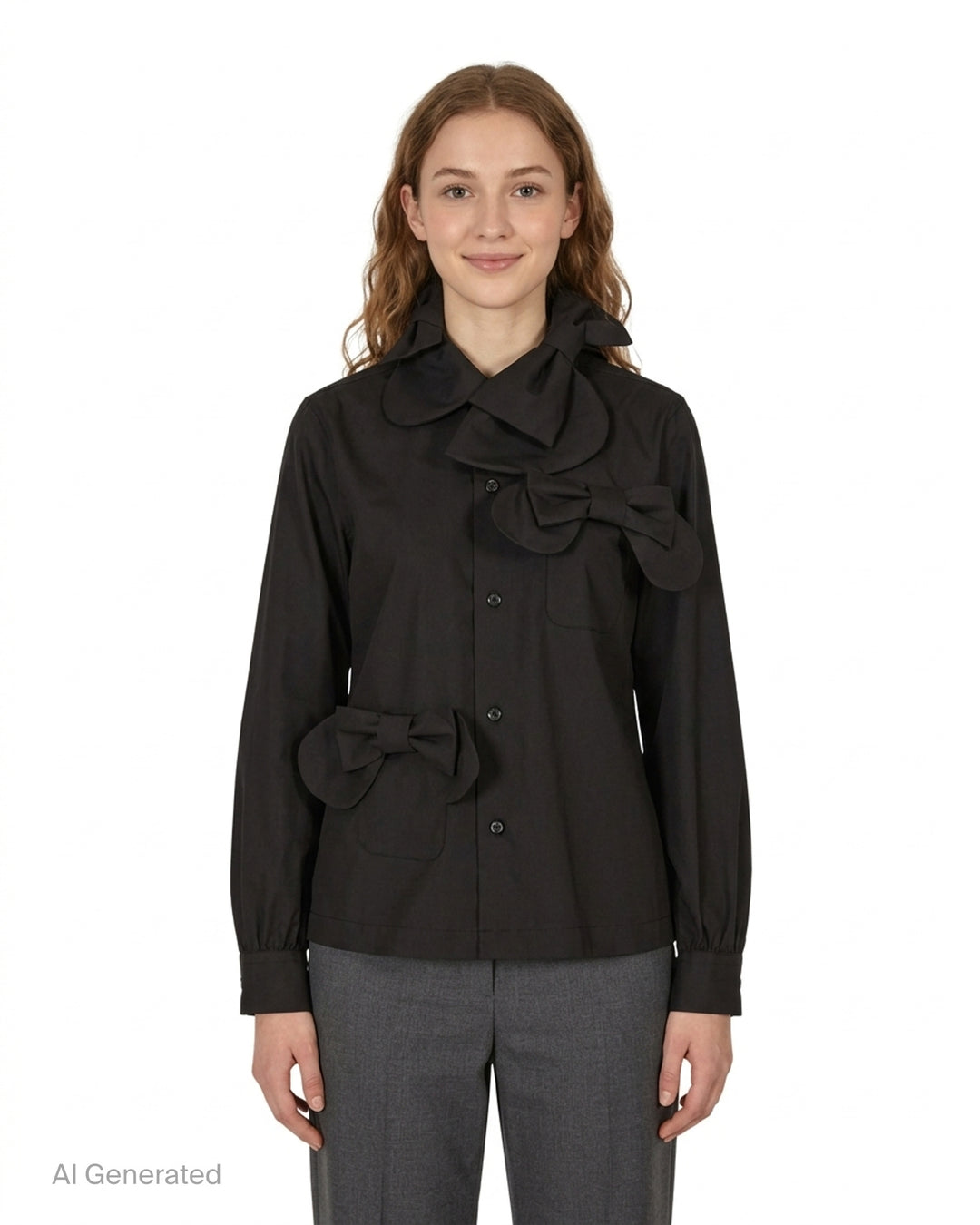 Black cotton long-sleeve button-up shirt by Noir Kei Ninomiya with oversized ribbon bows at the collar, chest and waist pocket - front