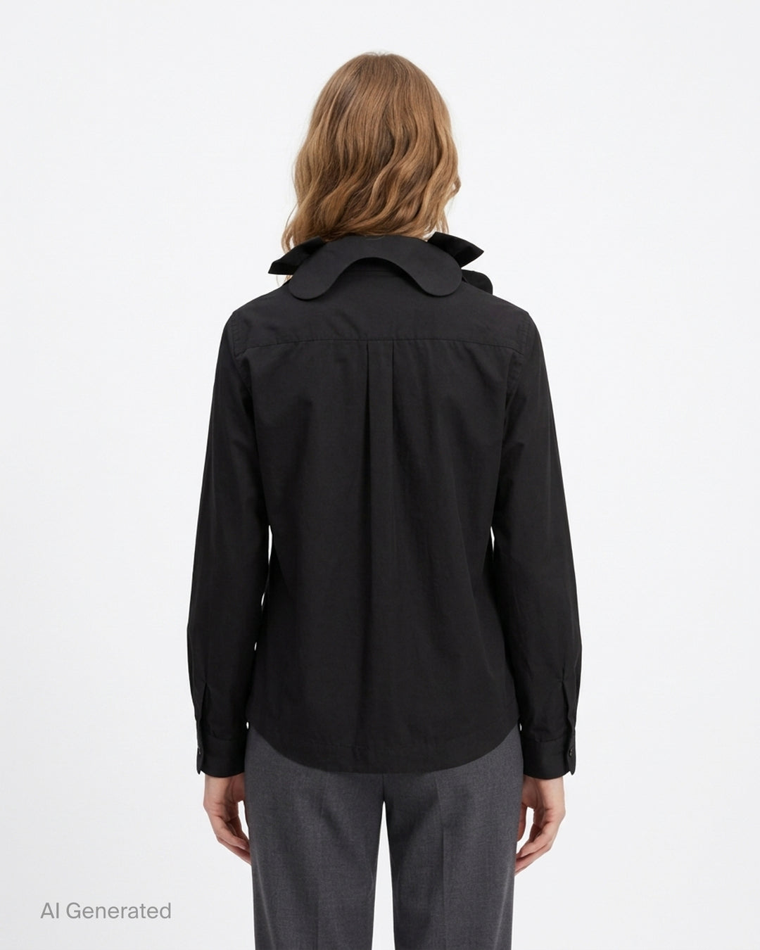 Black cotton long-sleeve button-up shirt by Noir Kei Ninomiya with oversized ribbon bows at the collar, chest and waist pocket - back