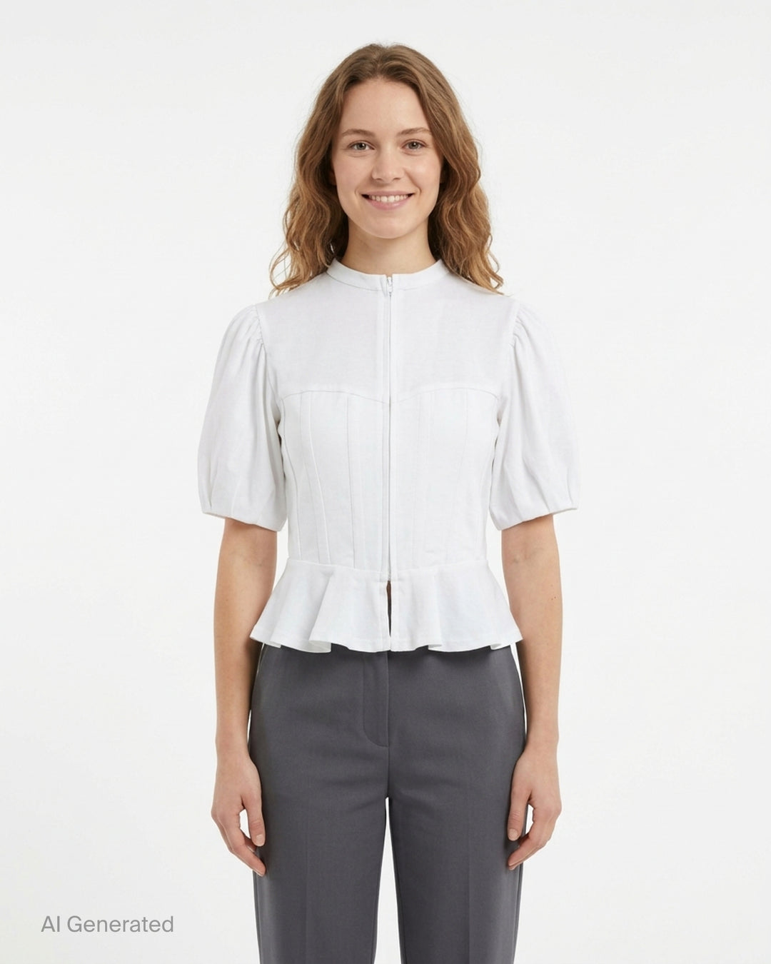 Noir Kei Ninomiya white cotton ponte top with corset-style seaming, puff sleeves, peplum hem and front zip closure - front
