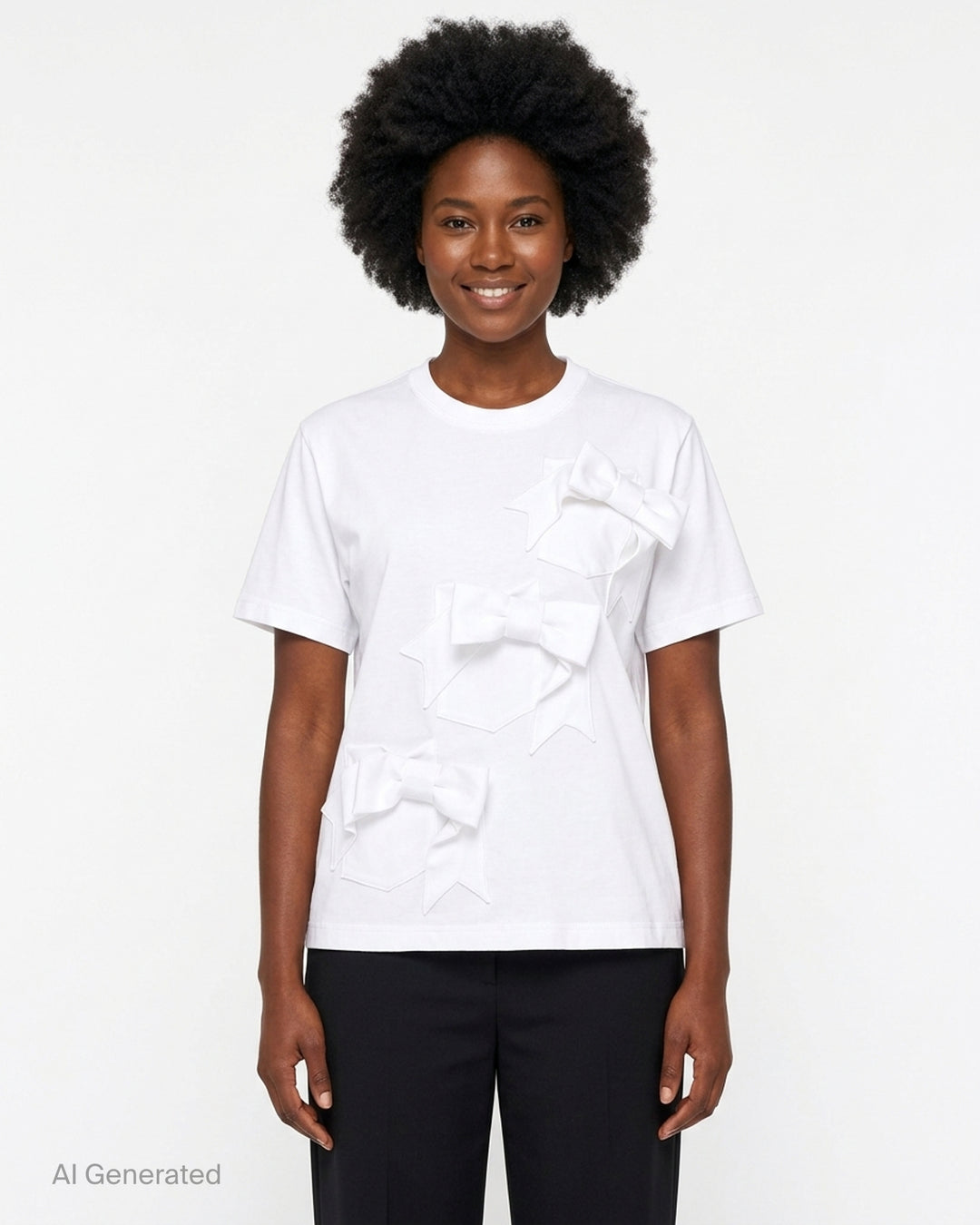 Noir Kei Ninomiya black cotton ponte tee with three dimensional bow appliqués and star-cut panels cascading diagonally down the front - front