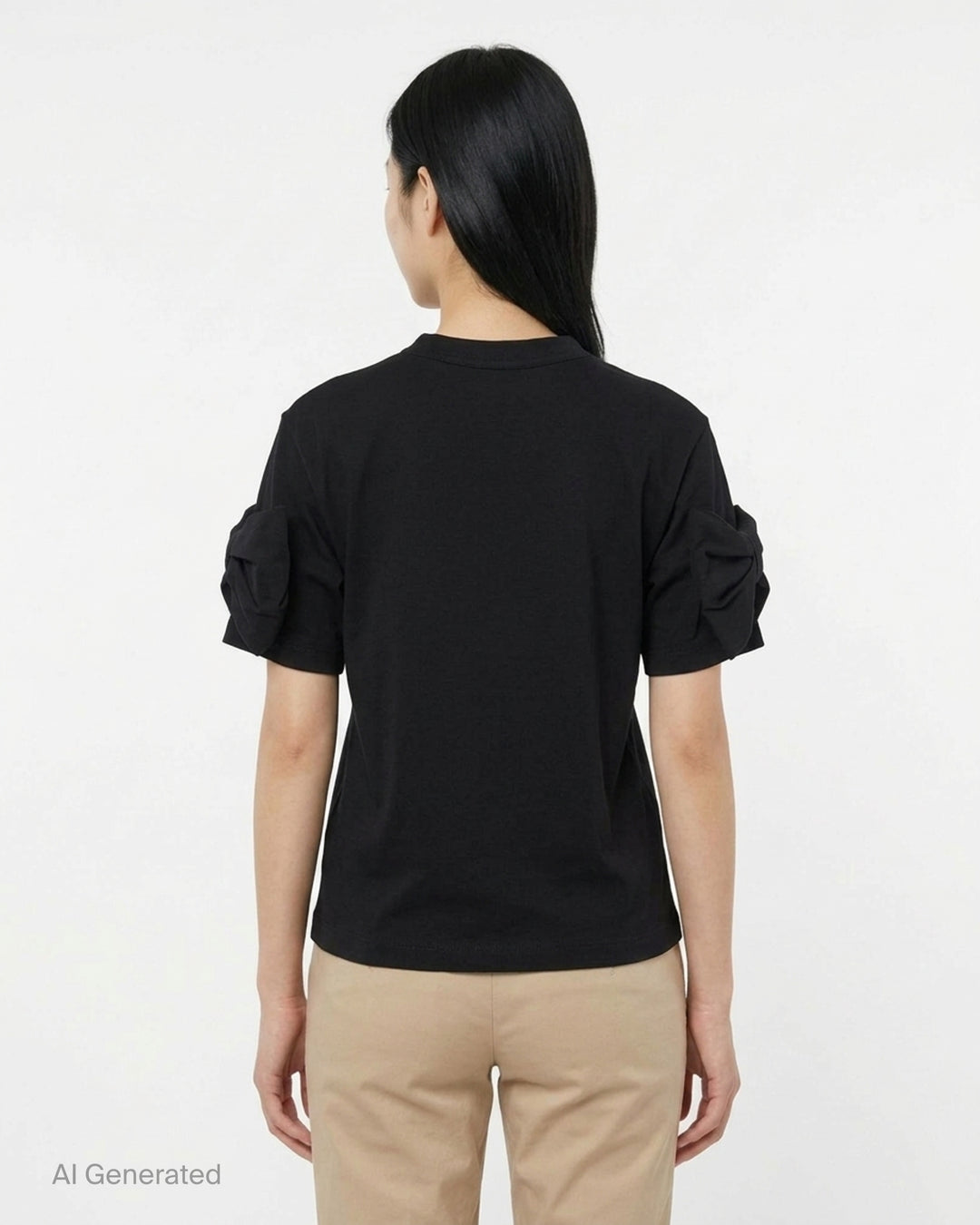 Noir Kei Ninomiya black cotton ponte tee with crew neck and twisted knot detailing on both short sleeves, shown from the front - back