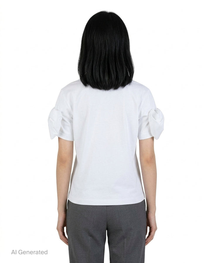 Noir Kei Ninomiya black cotton ponte tee with crew neck and twisted knot detailing on both short sleeves, shown from the front - back
