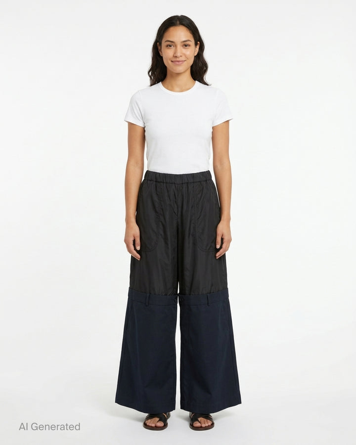 Noir Kei Ninomiya black wide-leg pants in cupra twill and wool gabardine with elasticated waist and layered tailored lower section - front