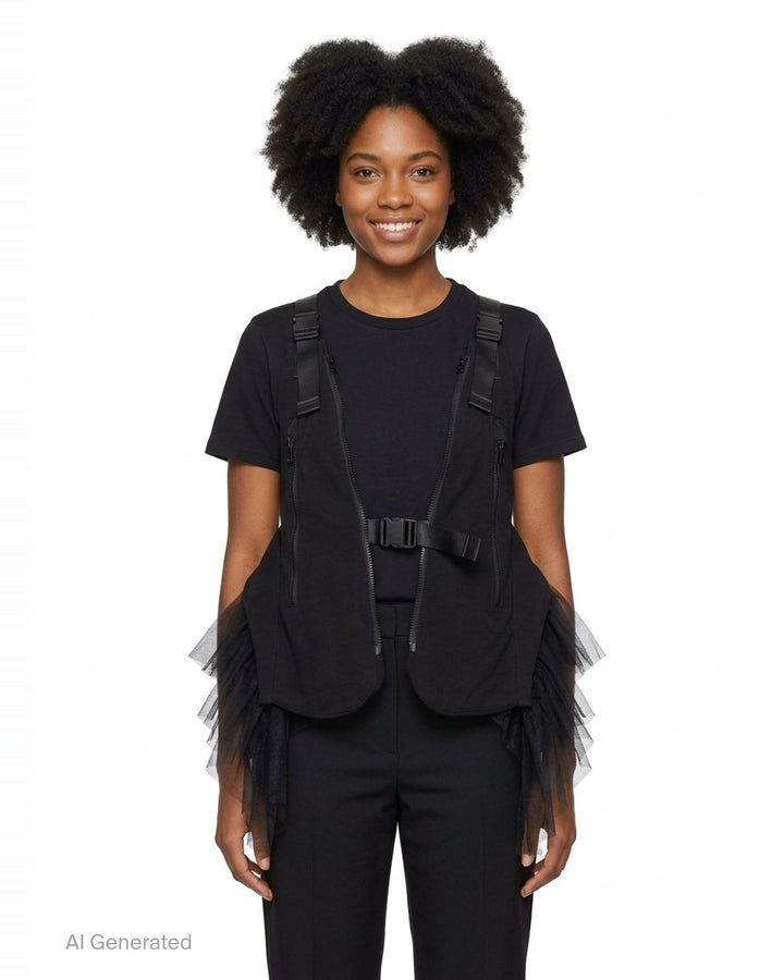 Noir Kei Ninomiya black harness vest with diagonal zip pockets, clip-buckle webbing straps, and cascading sheer tulle panels at the sides, photographed flat on a white background - front