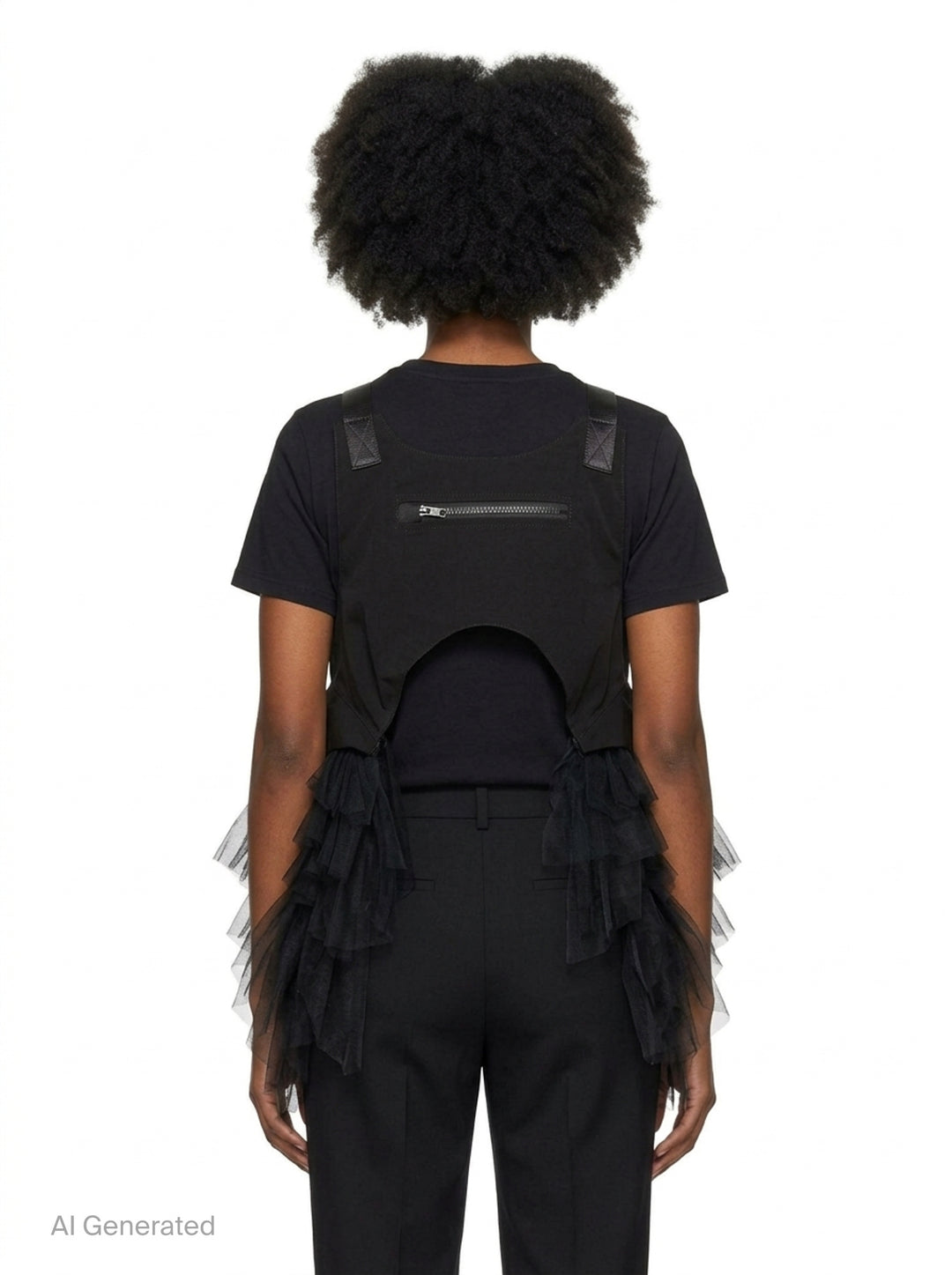 Noir Kei Ninomiya black harness vest with diagonal zip pockets, clip-buckle webbing straps, and cascading sheer tulle panels at the sides, photographed flat on a white background - back