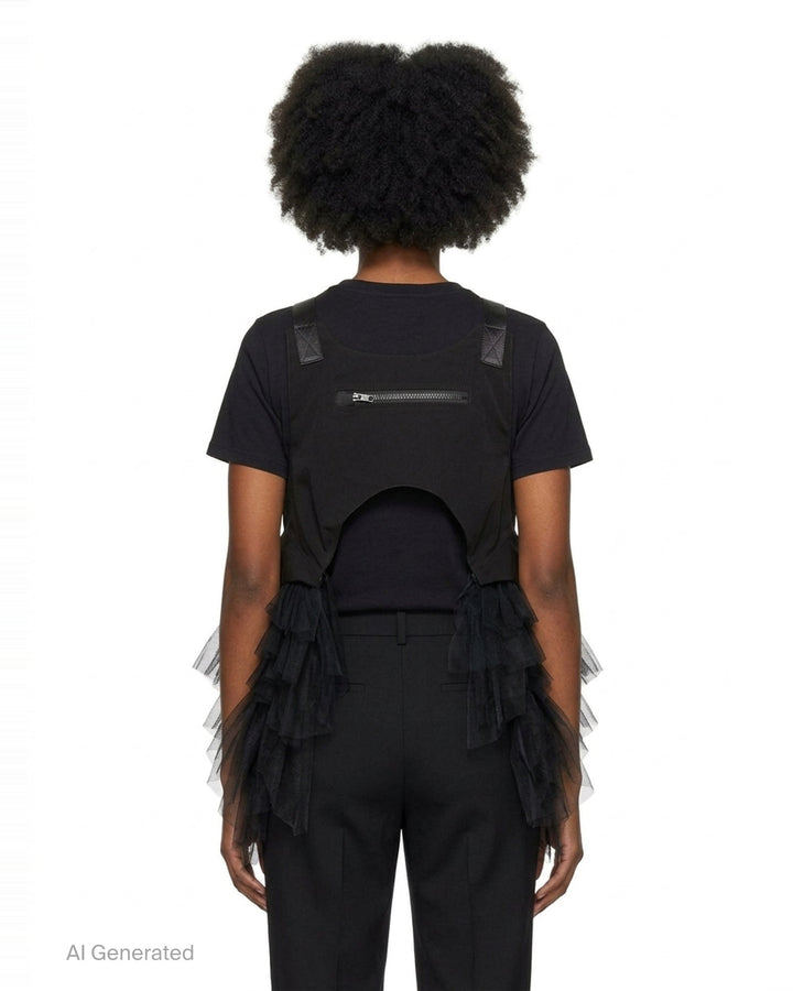 Noir Kei Ninomiya black harness vest with diagonal zip pockets, clip-buckle webbing straps, and cascading sheer tulle panels at the sides, photographed flat on a white background - back