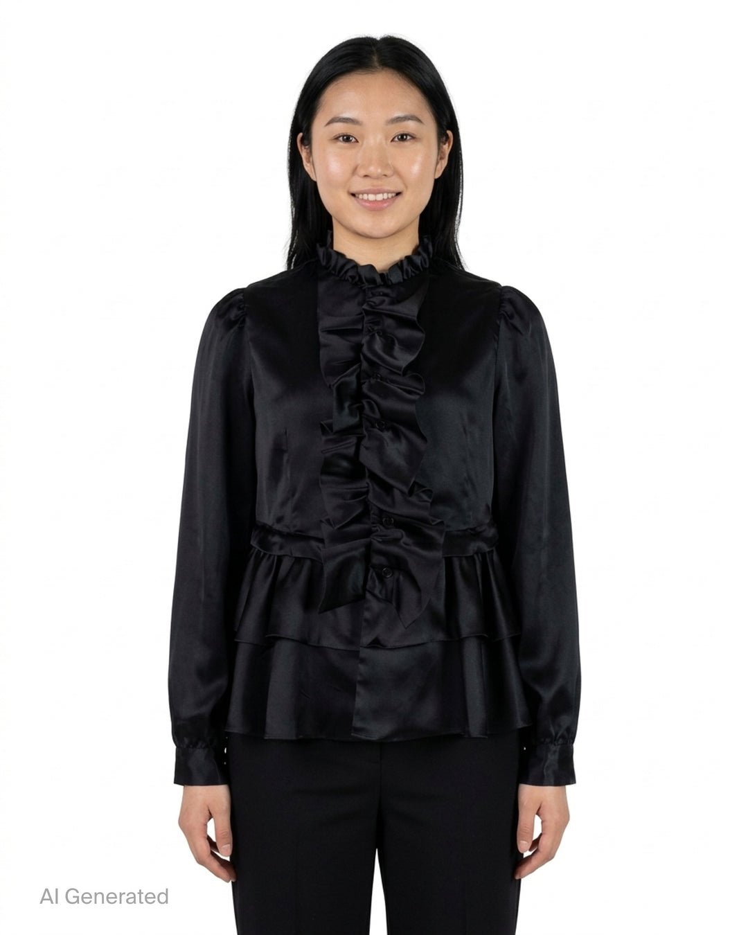 Noir Kei Ninomiya black satin blouse with ruffled stand collar, cascading ruffle placket, long sleeves and tiered peplum hem - front
