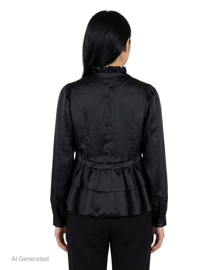 Noir Kei Ninomiya black satin blouse with ruffled stand collar, cascading ruffle placket, long sleeves and tiered peplum hem - back