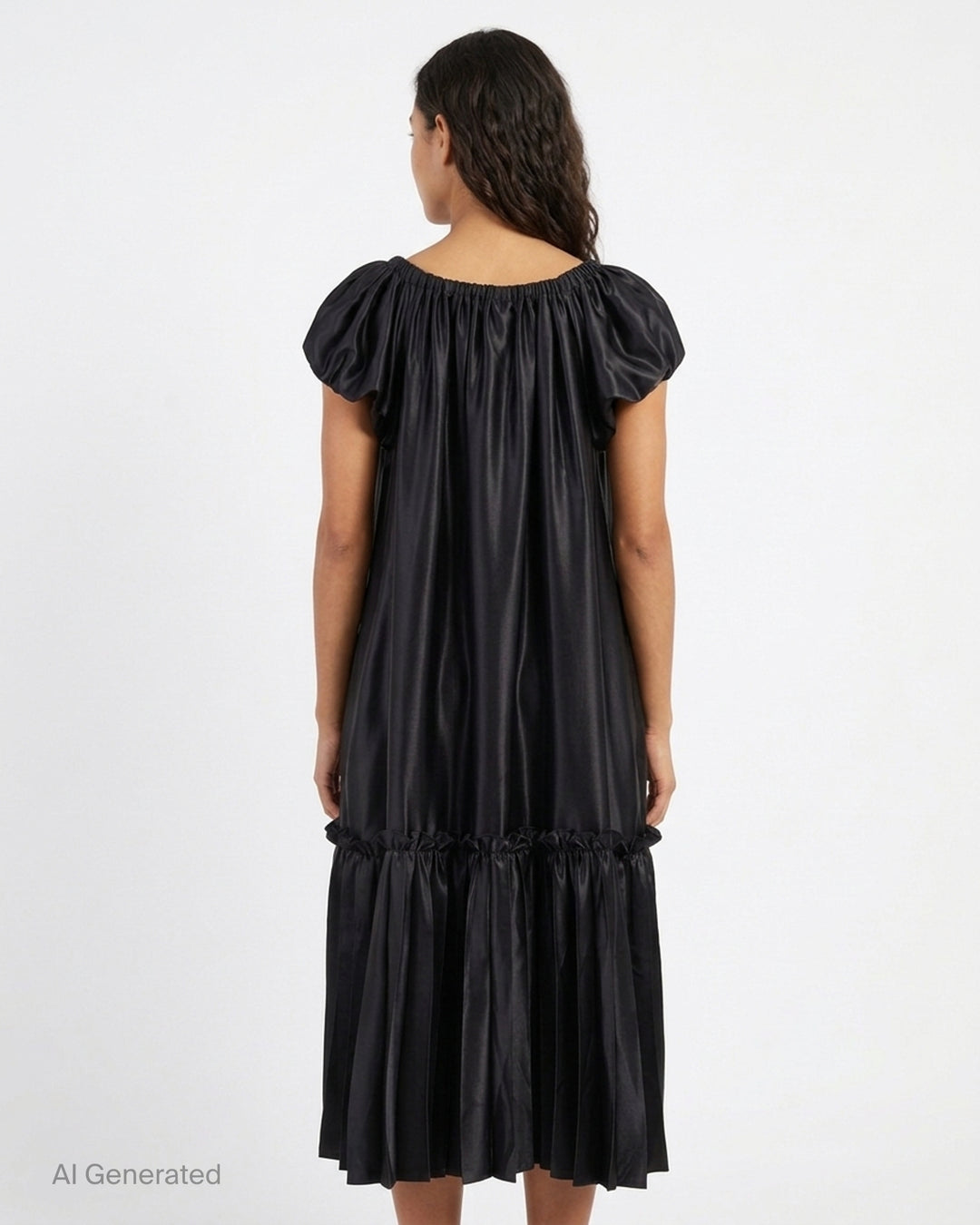 Black polyester satin midi dress with gathered neckline, puff cap sleeves and a pleated ruffle-trimmed tiered hem by Noir Kei Ninomiya - back