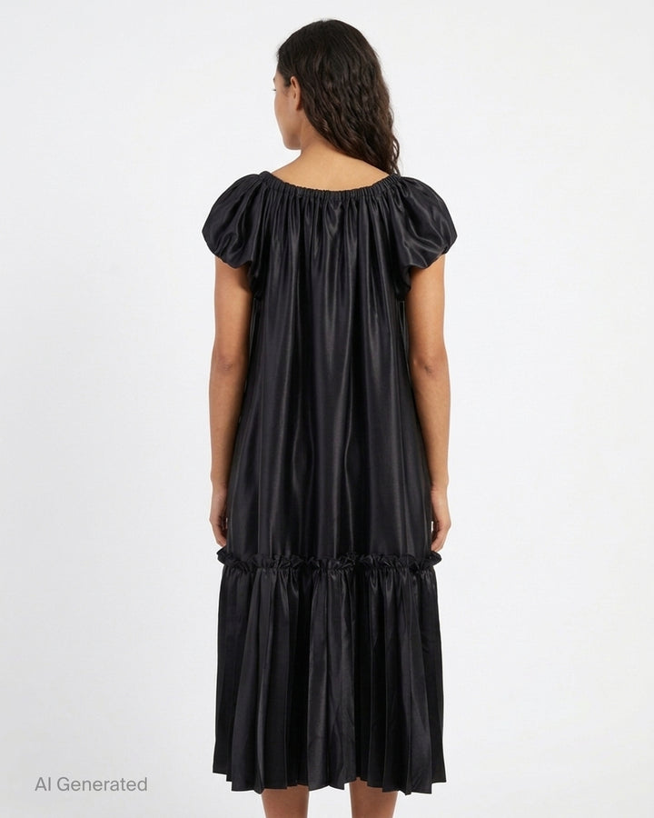 Black polyester satin midi dress with gathered neckline, puff cap sleeves and a pleated ruffle-trimmed tiered hem by Noir Kei Ninomiya - back