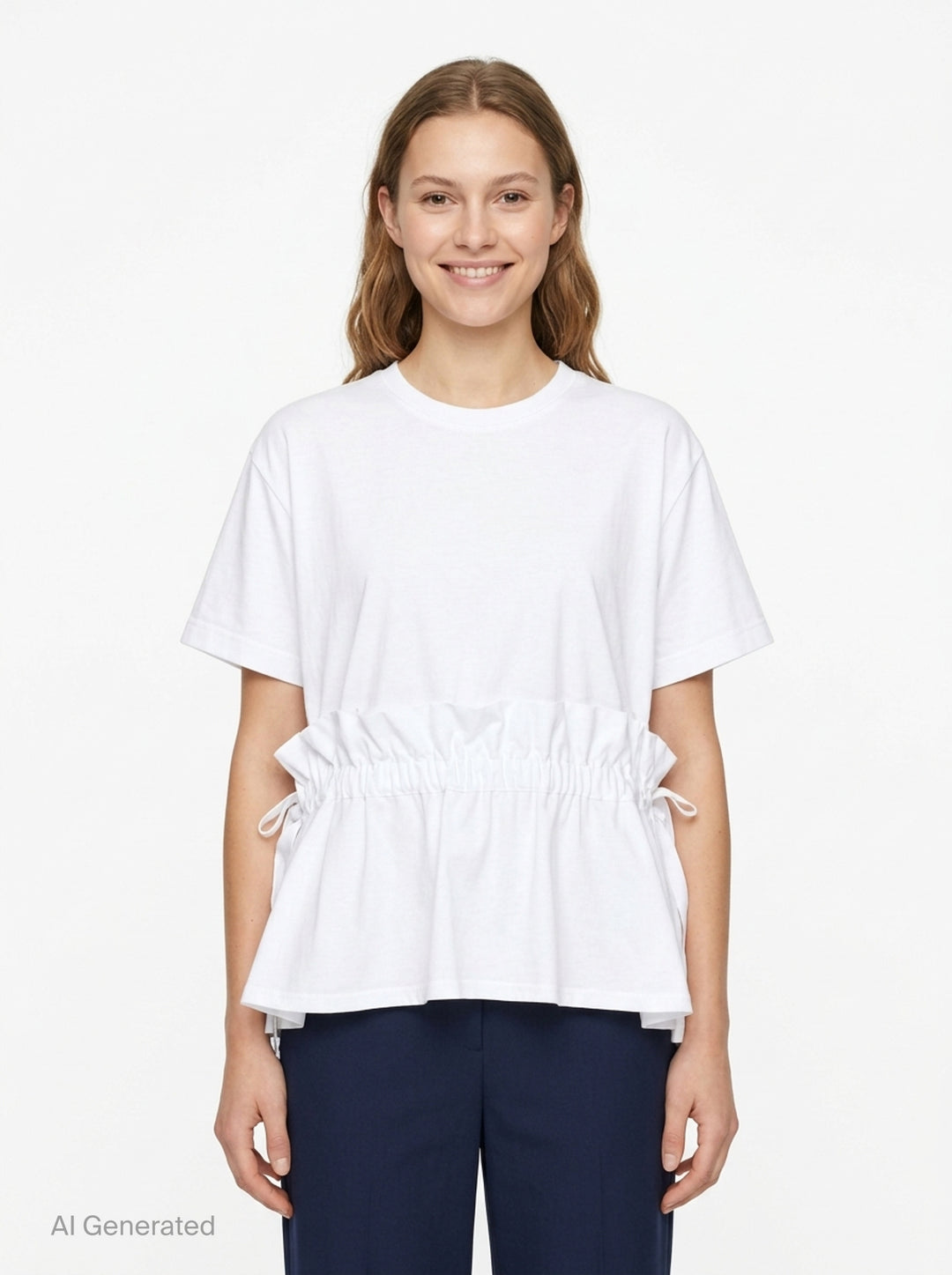Noir Kei Ninomiya black short-sleeve cotton peplum tee with ruched gathered waistband, drawstring self-ties, and a tiered flared hem, shown flat on a white background - front