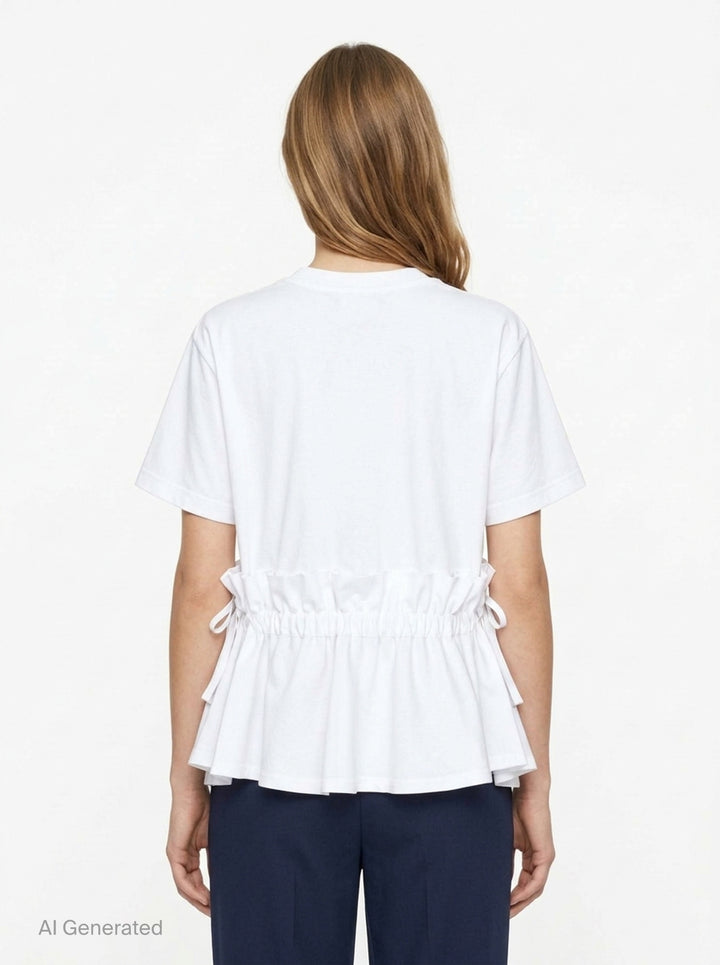 Noir Kei Ninomiya black short-sleeve cotton peplum tee with ruched gathered waistband, drawstring self-ties, and a tiered flared hem, shown flat on a white background - back
