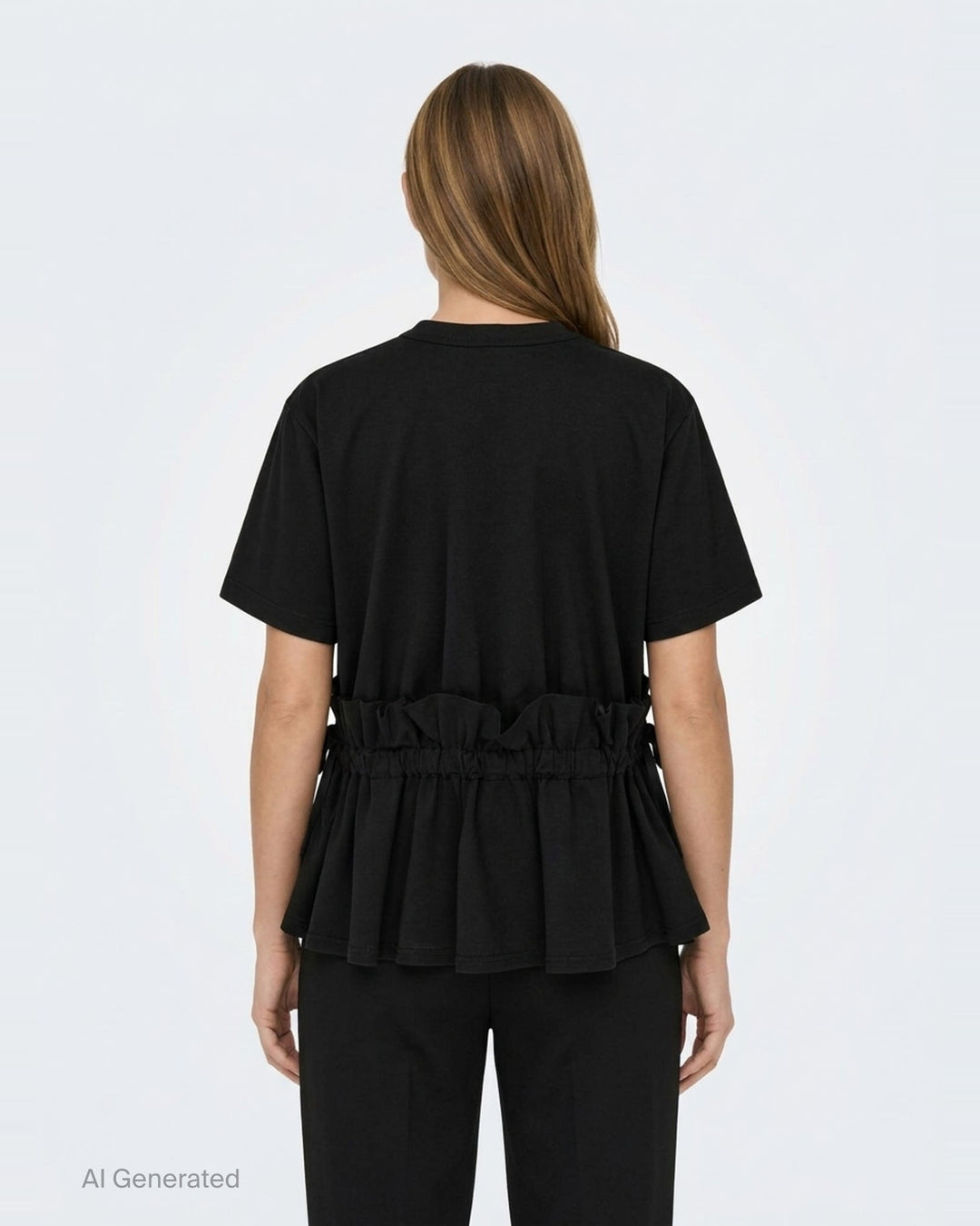 Noir Kei Ninomiya black short-sleeve cotton peplum tee with ruched gathered waistband, drawstring self-ties, and a tiered flared hem, shown flat on a white background - back