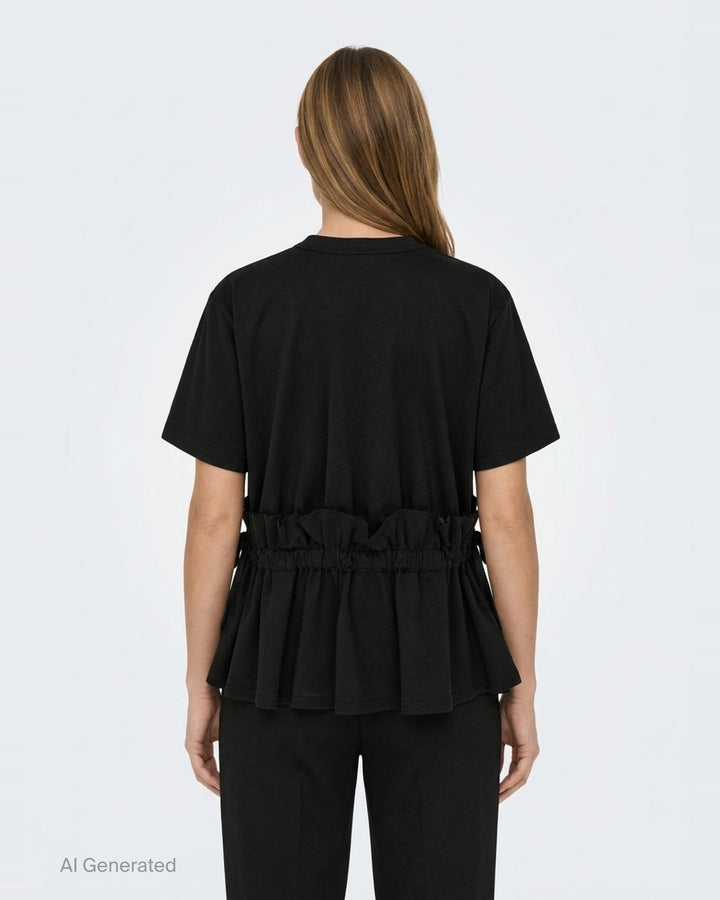 Noir Kei Ninomiya black short-sleeve cotton peplum tee with ruched gathered waistband, drawstring self-ties, and a tiered flared hem, shown flat on a white background - back