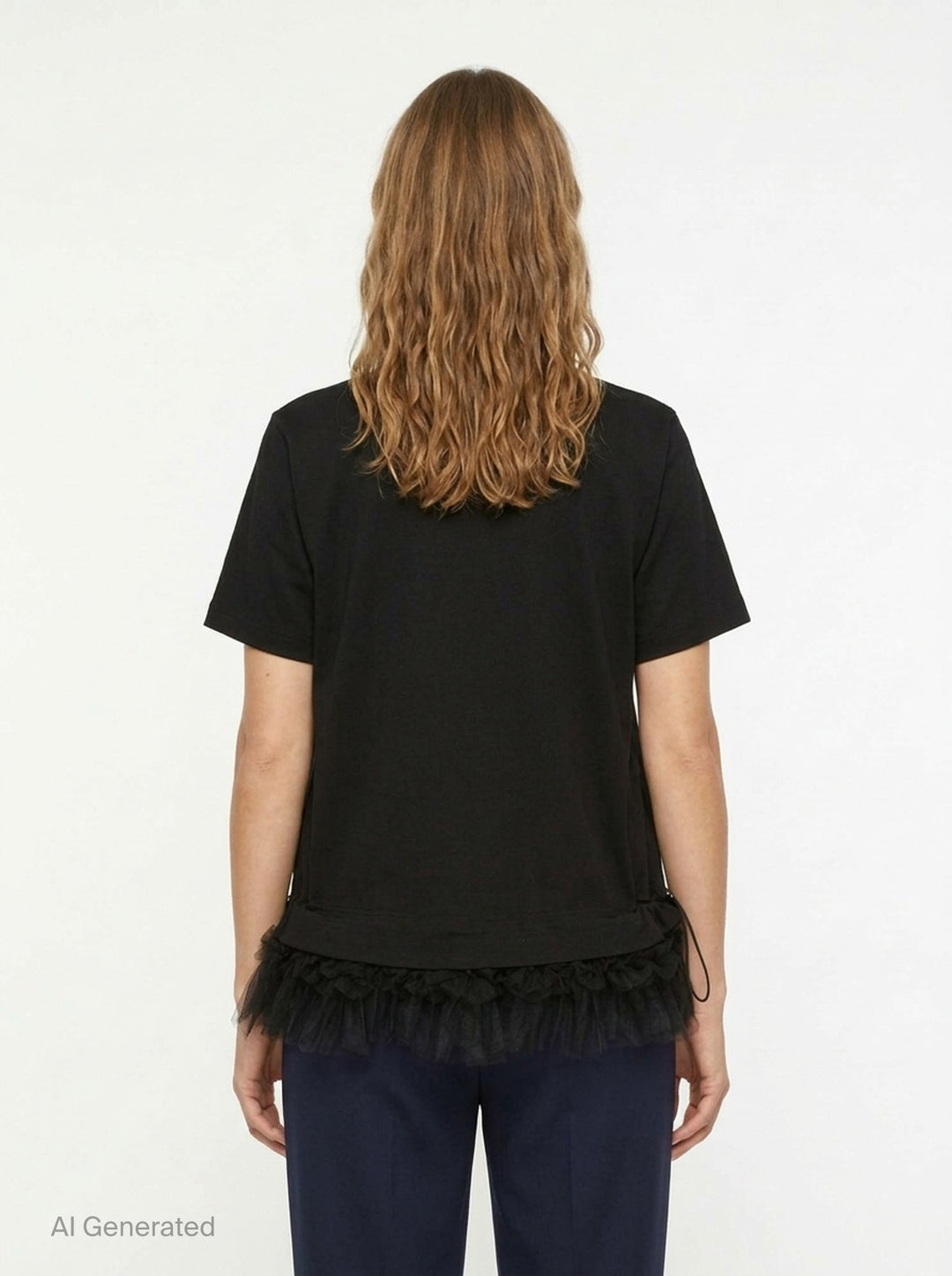 Noir Kei Ninomiya black cotton short sleeve crewneck tee with gathered tulle frill hem and drawstring waistband detail, flat lay on white background - back
