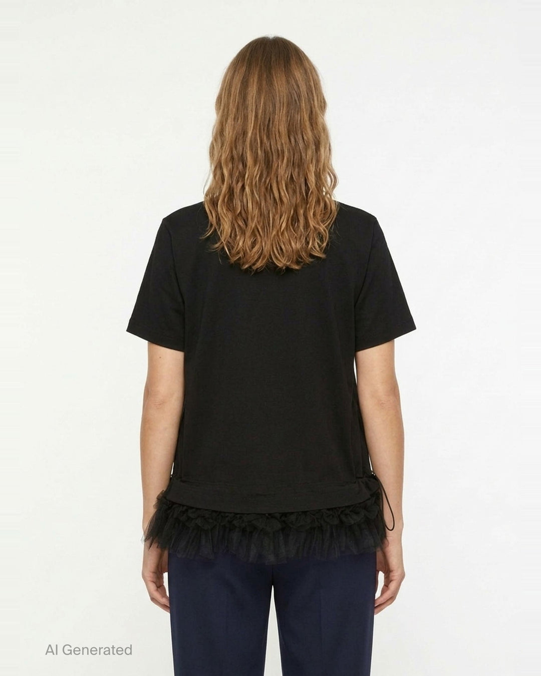 Noir Kei Ninomiya black cotton short sleeve crewneck tee with gathered tulle frill hem and drawstring waistband detail, flat lay on white background - back