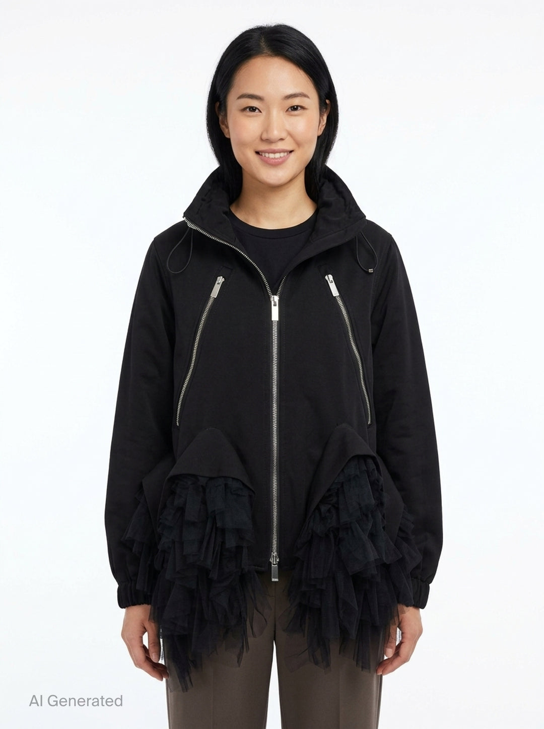 Noir Kei Ninomiya black oversized long sleeve jacket with high drawstring neck, silver zip closures, angled chest zip pockets, and layered black tulle ruffle hem, displayed flat on a white background - front