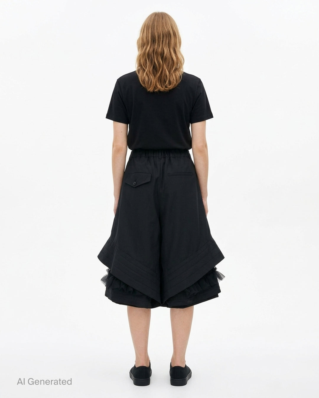 Noir Kei Ninomiya black wool tropical shorts with a stitched flared hem and layered black nylon tulle ruffles - back