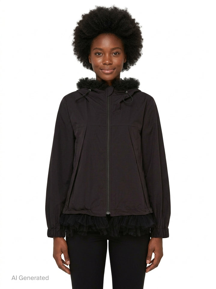 Noir Kei Ninomiya black long-sleeve hooded blouson with ruffled black tulle trim at the hood, cuffs, and hem, full-length zip closure and slanted side pockets - front