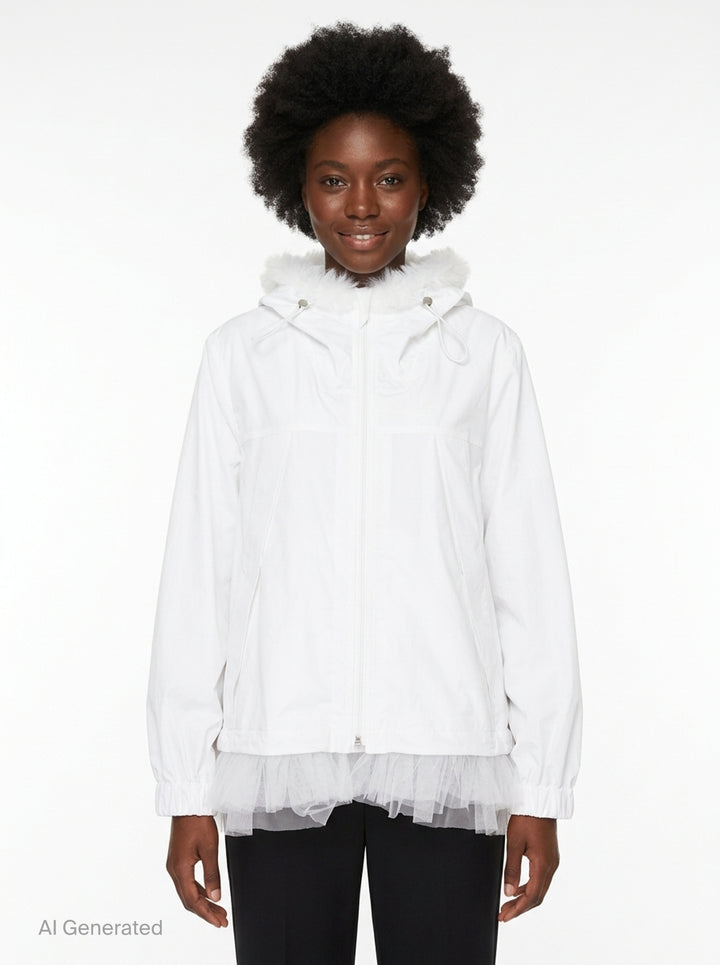 Noir Kei Ninomiya black long-sleeve hooded blouson with ruffled black tulle trim at the hood, cuffs, and hem, full-length zip closure and slanted side pockets - front